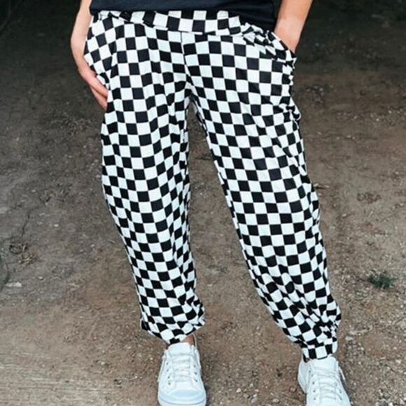 Round The Track Joggers Casual Black And White Checkered Pants Size L New - Picture 1 of 7